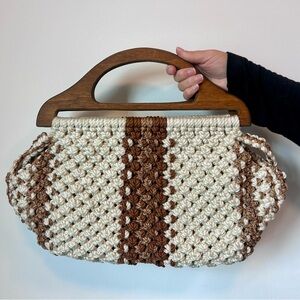 Unique Vintage Macrame Bag w wooden handles